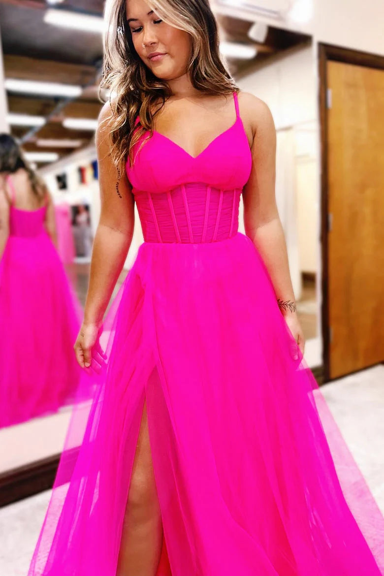 Vestidos de noche de fiesta sexys con espalda abierta y tirantes finos en forma de A de tul con abertura