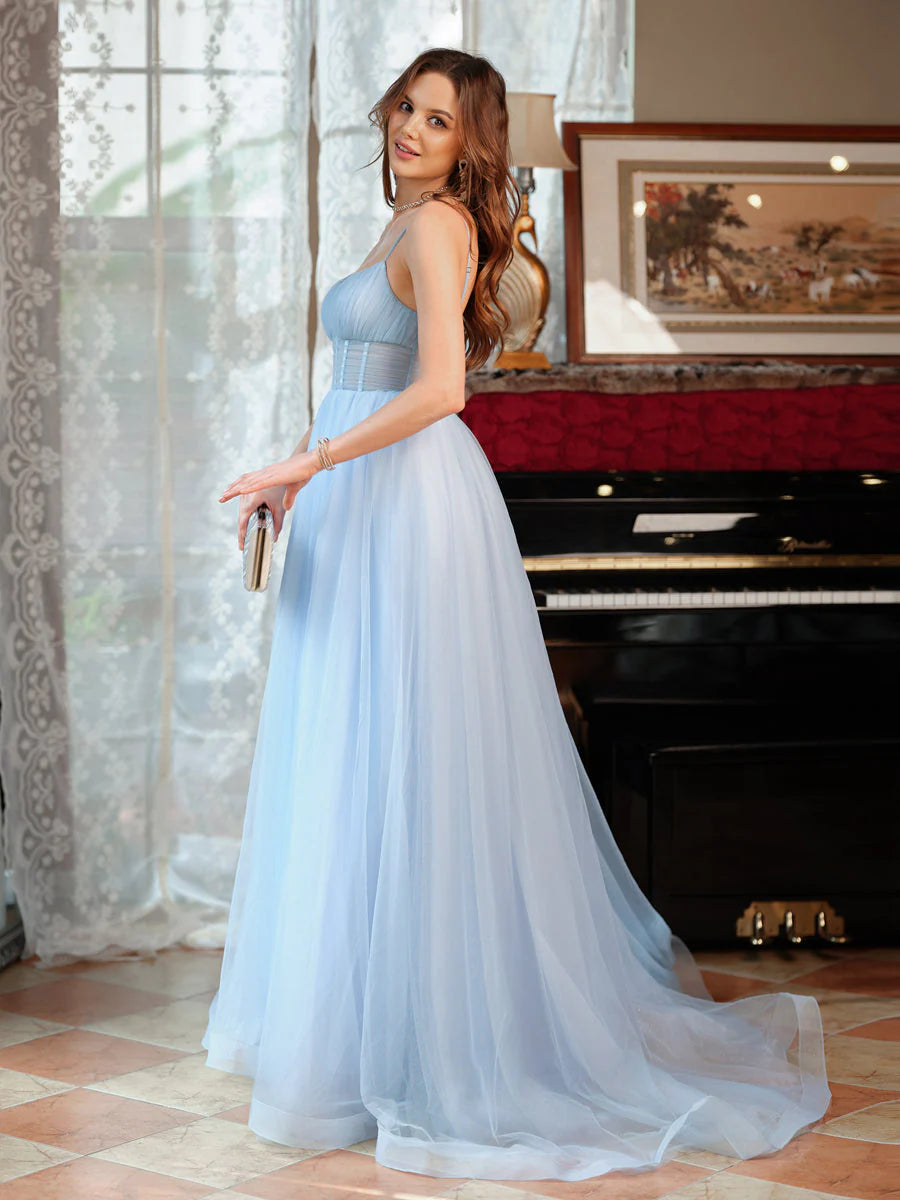 Vestidos de noche de fiesta sexys con espalda abierta y tirantes finos en forma de A de tul con abertura