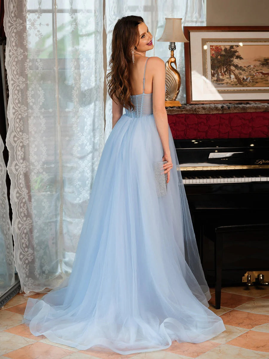 Vestidos de noche de fiesta sexys con espalda abierta y tirantes finos en forma de A de tul con abertura