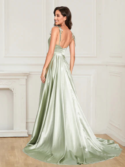 Sexy Satin Spaghetti Straps Sleeveless Split Front Prom Dress
