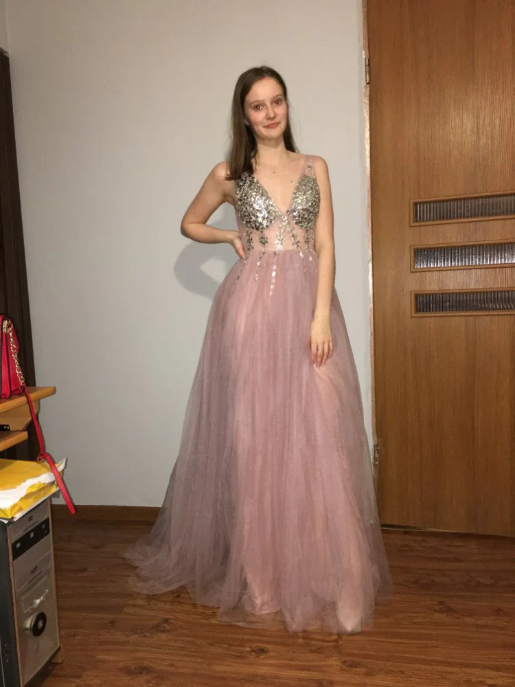 Vestidos de noche largos sin mangas con escote en V, espalda descubierta y tul con aberturas sexys