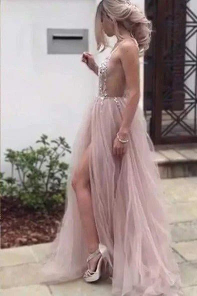 Vestidos de noche largos sin mangas con escote en V, espalda descubierta y tul con aberturas sexys