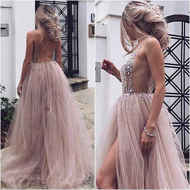 Vestidos de noche largos sin mangas con escote en V, espalda descubierta y tul con aberturas sexys
