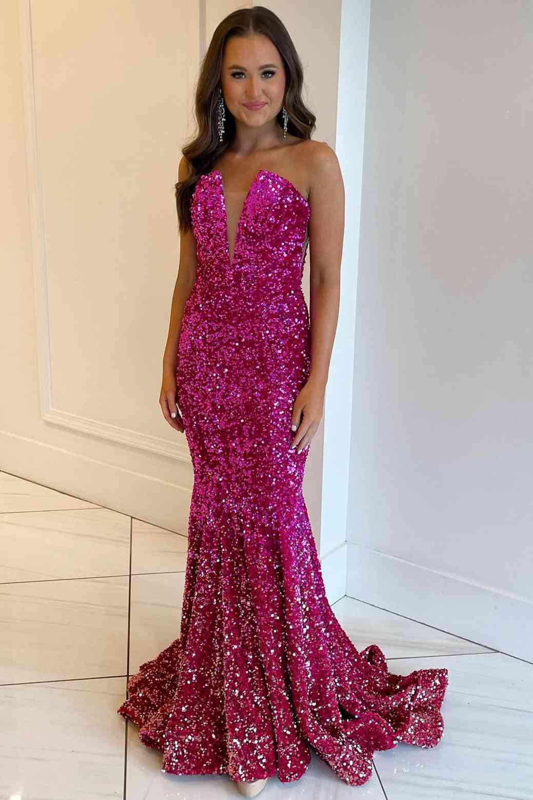 Vestido de fiesta sexy de sirena sin tirantes con lentejuelas