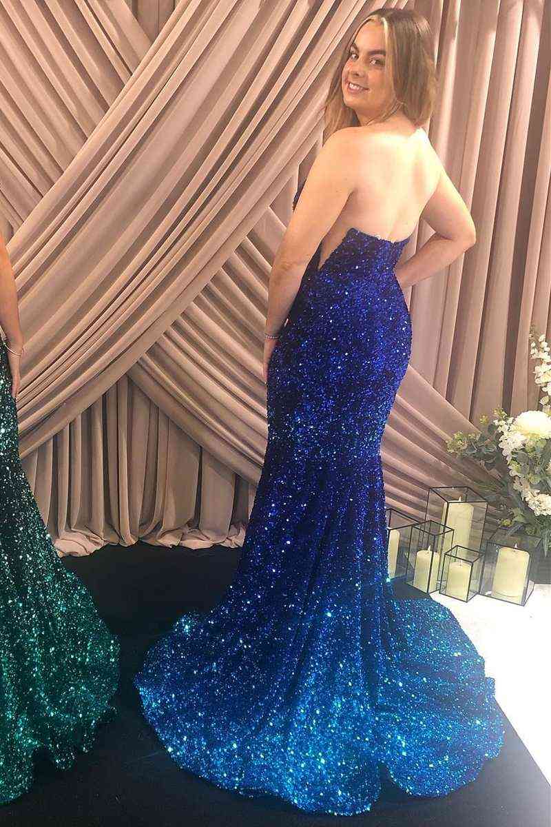Vestido de fiesta sexy de sirena sin tirantes con lentejuelas