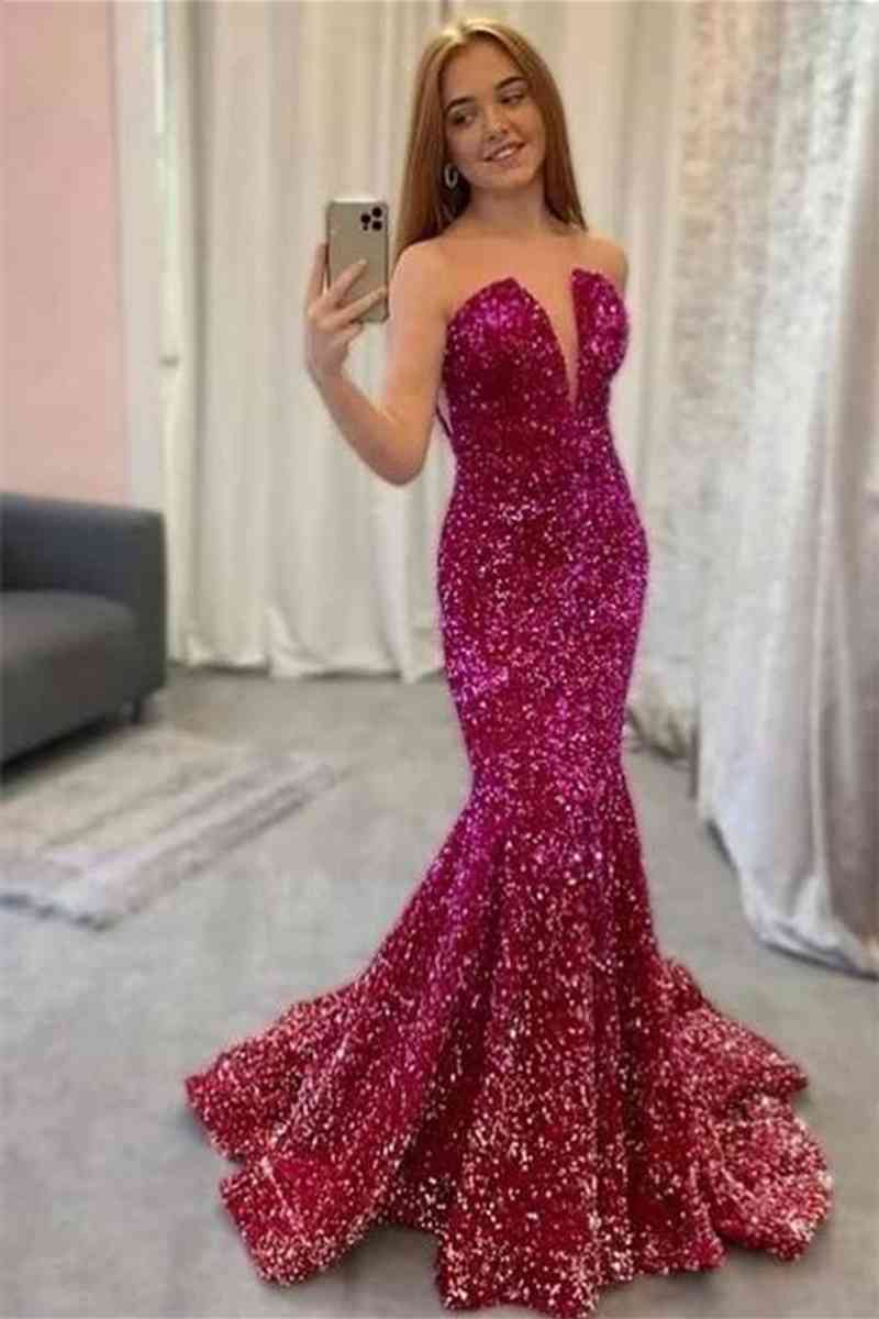Vestido de fiesta sexy de sirena sin tirantes con lentejuelas
