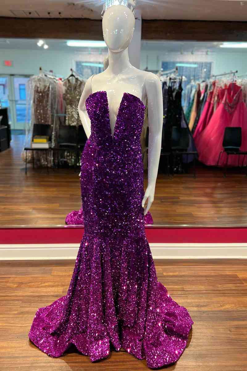 Vestido de fiesta sexy de sirena sin tirantes con lentejuelas