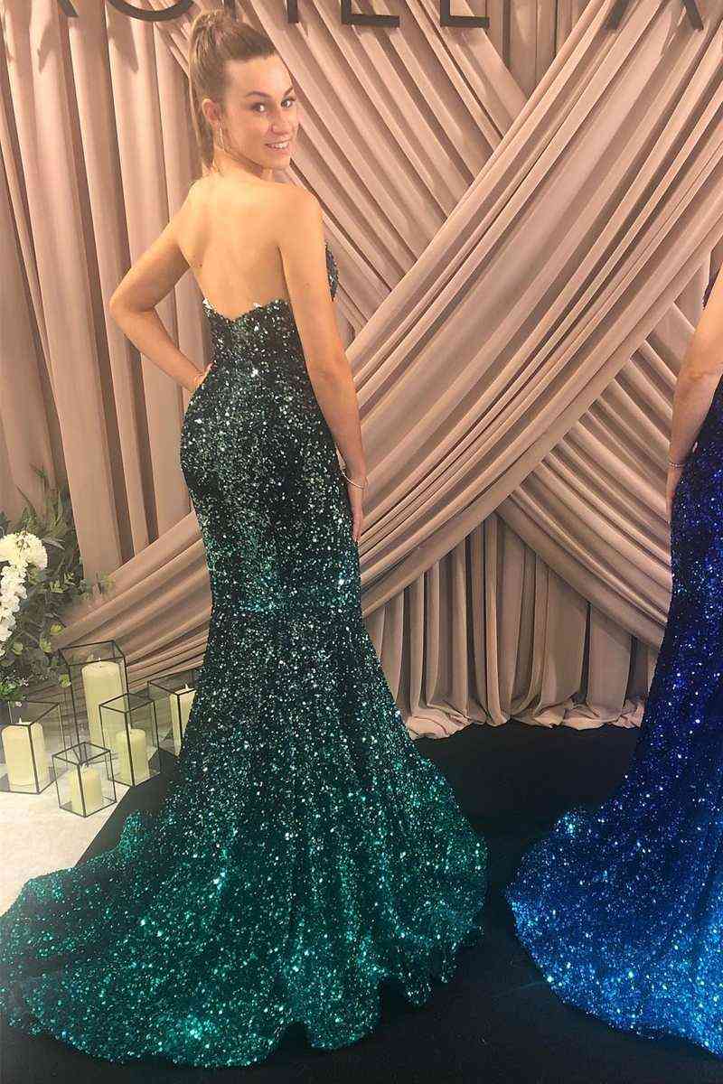 Vestido de fiesta sexy de sirena sin tirantes con lentejuelas