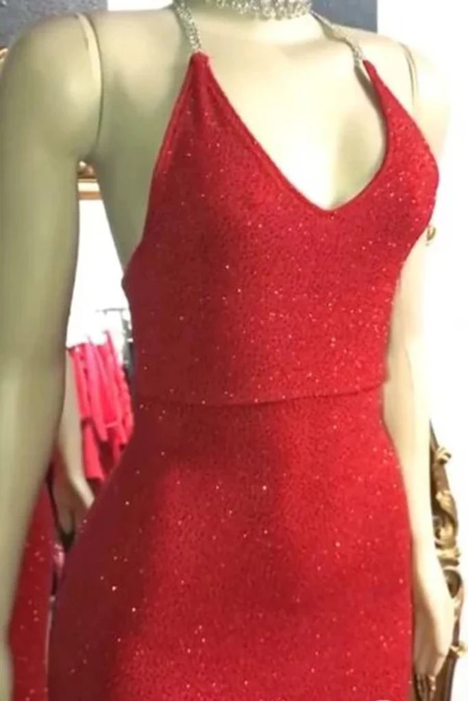 Vestidos de fiesta con escote en V, lentejuelas rojas y brillantes, corte sirena, cuello halter, espalda descubierta