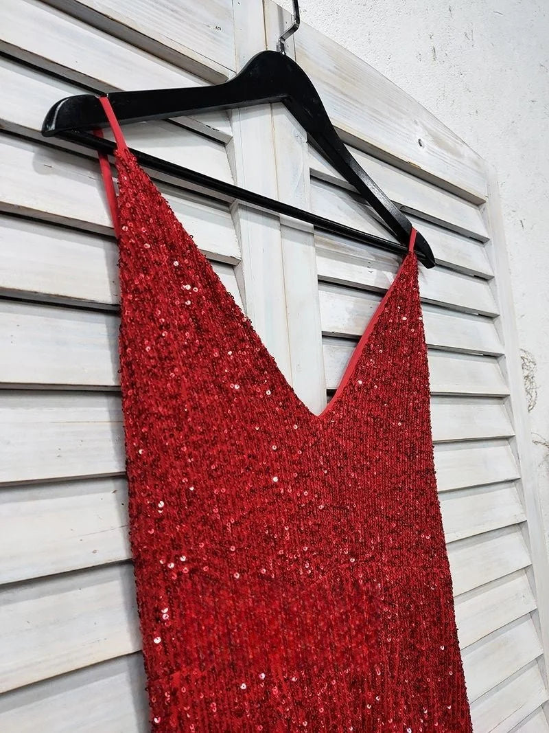 Vestidos de fiesta con escote en V, lentejuelas rojas y brillantes, corte sirena, cuello halter, espalda descubierta