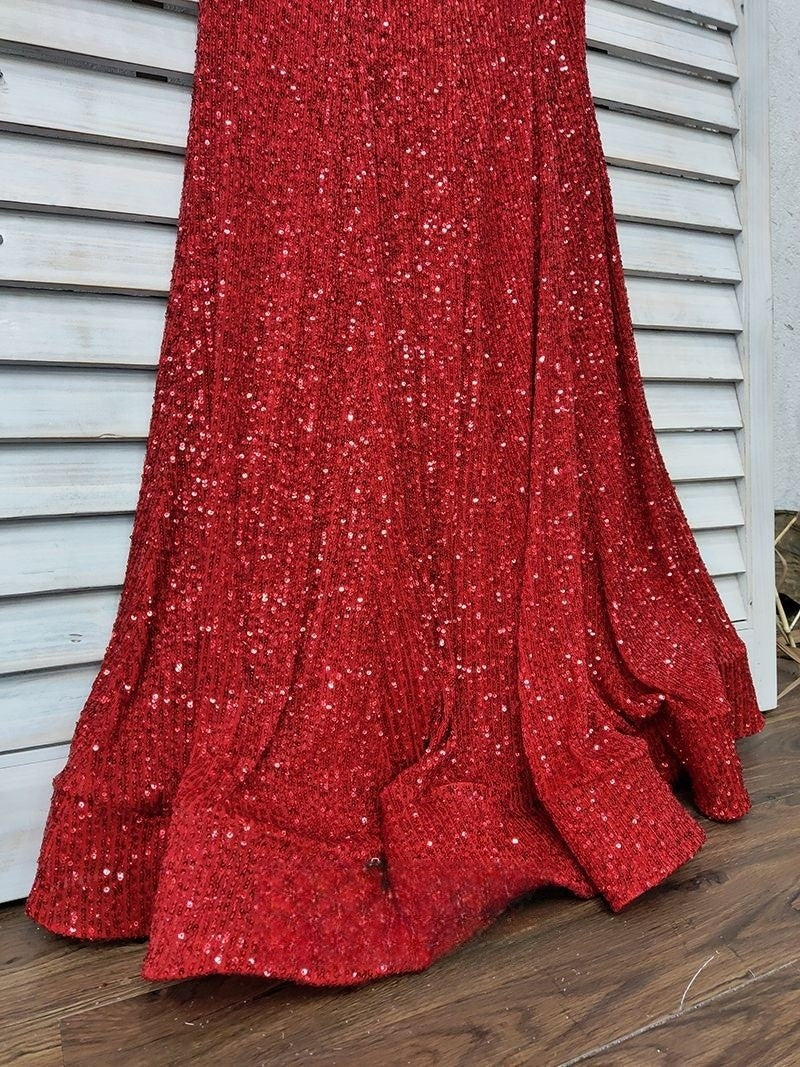 Vestidos de fiesta con escote en V, lentejuelas rojas y brillantes, corte sirena, cuello halter, espalda descubierta