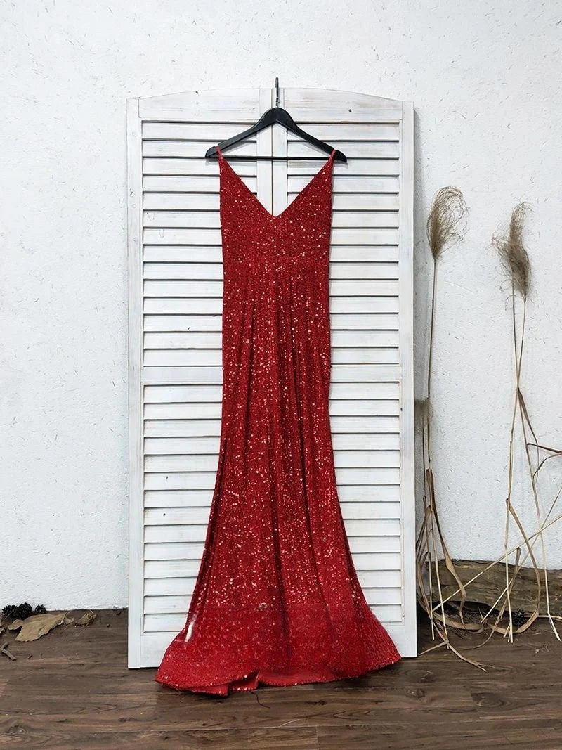 Vestidos de fiesta con escote en V, lentejuelas rojas y brillantes, corte sirena, cuello halter, espalda descubierta