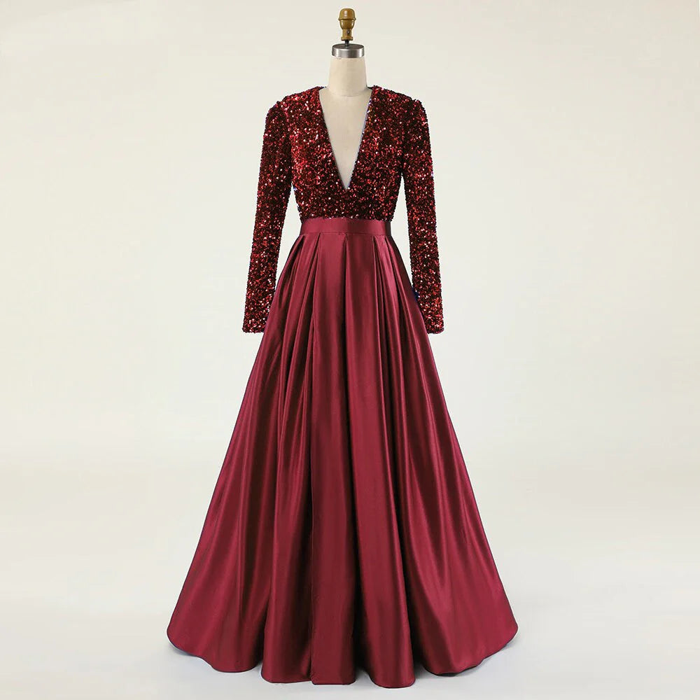 Vestido de noche de graduación plisado con abertura alta, manga larga, satén y lentejuelas con cuello en V