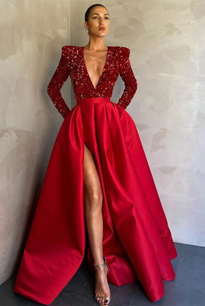 Vestido de noche de graduación plisado con abertura alta, manga larga, satén y lentejuelas con cuello en V