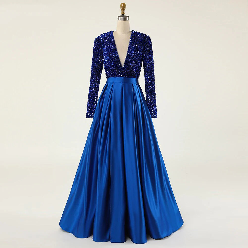 Vestido de noche de graduación plisado con abertura alta, manga larga, satén y lentejuelas con cuello en V