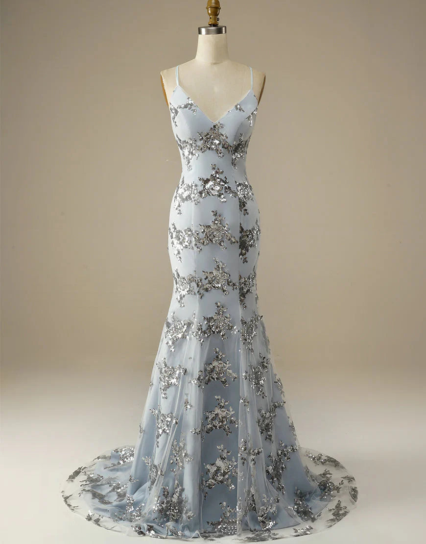 Vestido de noche gris con escote en V, tirantes finos, sirena, lentejuelas, espalda descubierta y sin mangas