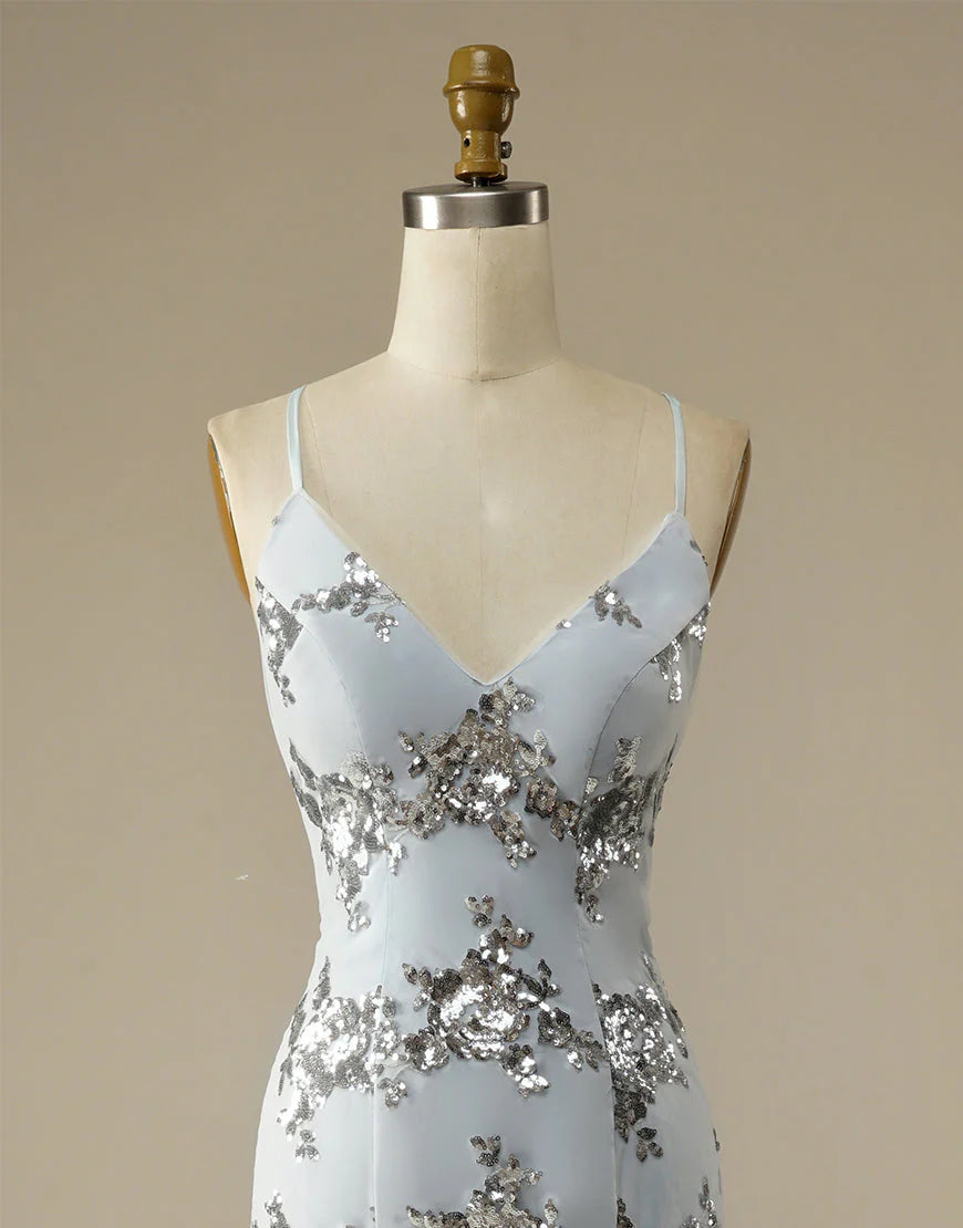 Vestido de noche gris con escote en V, tirantes finos, sirena, lentejuelas, espalda descubierta y sin mangas
