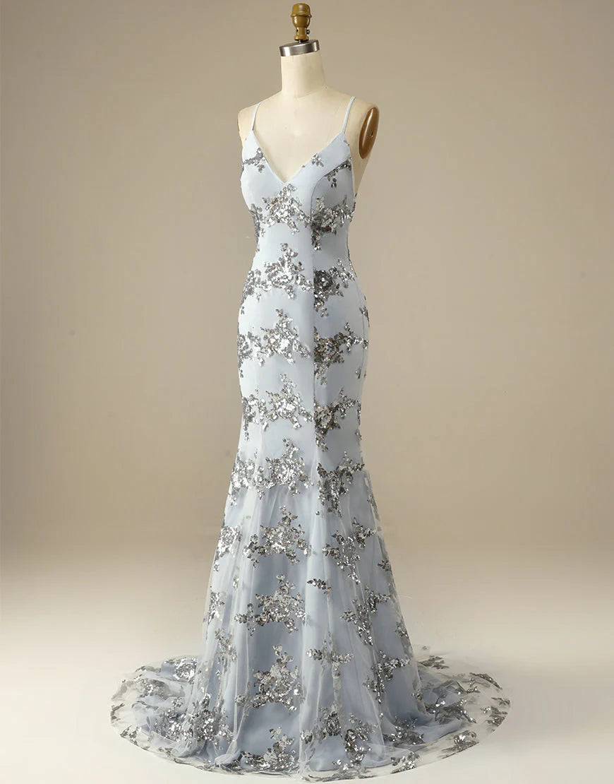 Vestido de noche gris con escote en V, tirantes finos, sirena, lentejuelas, espalda descubierta y sin mangas