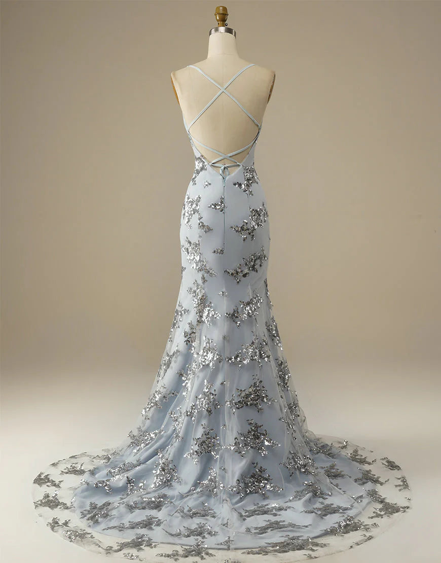 Vestido de noche gris con escote en V, tirantes finos, sirena, lentejuelas, espalda descubierta y sin mangas
