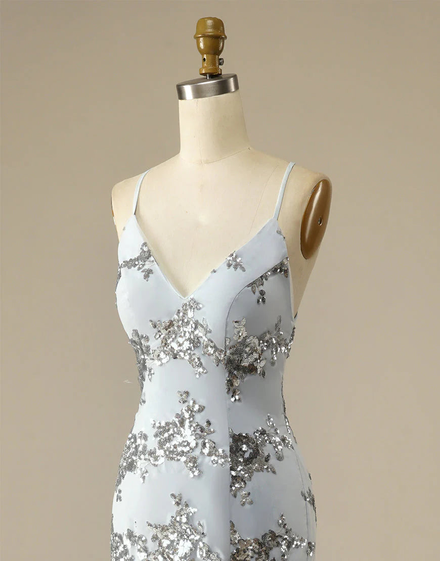 Vestido de noche gris con escote en V, tirantes finos, sirena, lentejuelas, espalda descubierta y sin mangas