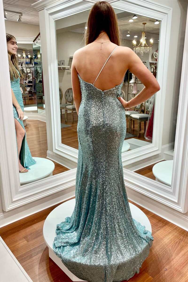 Vestidos de fiesta con lentejuelas, corte tubo/columna, abertura frontal, largo hasta el suelo, un hombro