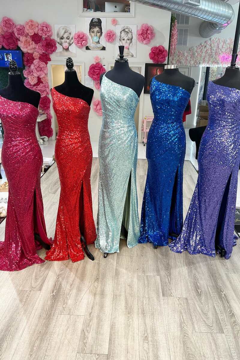Vestidos de fiesta con lentejuelas, corte tubo/columna, abertura frontal, largo hasta el suelo, un hombro