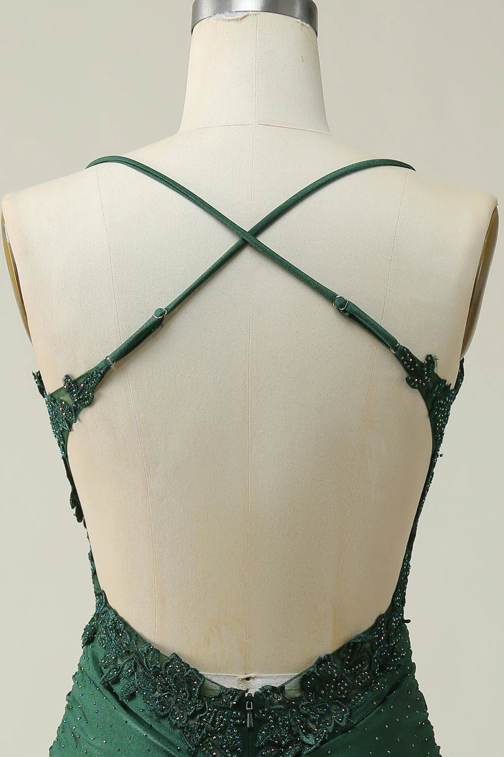 Amzcw Dark Green Sheath Spaghetti Straps Homecoming Dress with Appliques