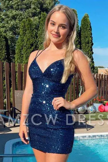 Amzcw Elegant Sheath V-Neck Spaghetti Straps Sequins Lace Up Homecoming Dress formal wear dresses