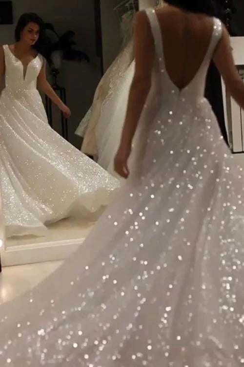 Vestidos de novia con lentejuelas marfil brillantes, escote en V y tirantes sin espalda