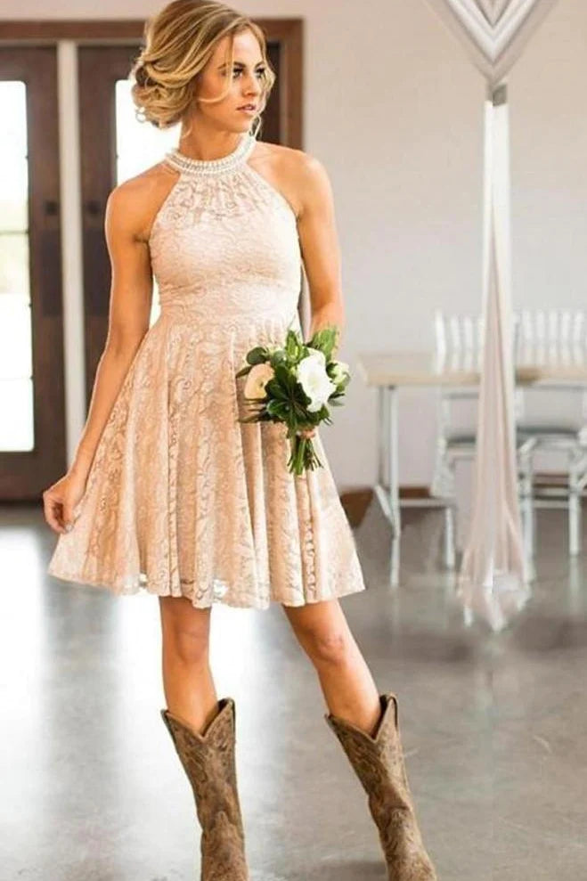 Short Lace Country Bridesmaids Dresses Halter Wedding Guest Dresses – Amzcw Dress Short Lace Country Bridesmaids Dresses Halter Wedding Guest Dresses – Amzcw Dress