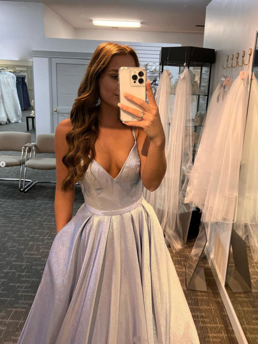 Amzcw Silver v neck satin long prom dress silver long evening dress formal wear dresses