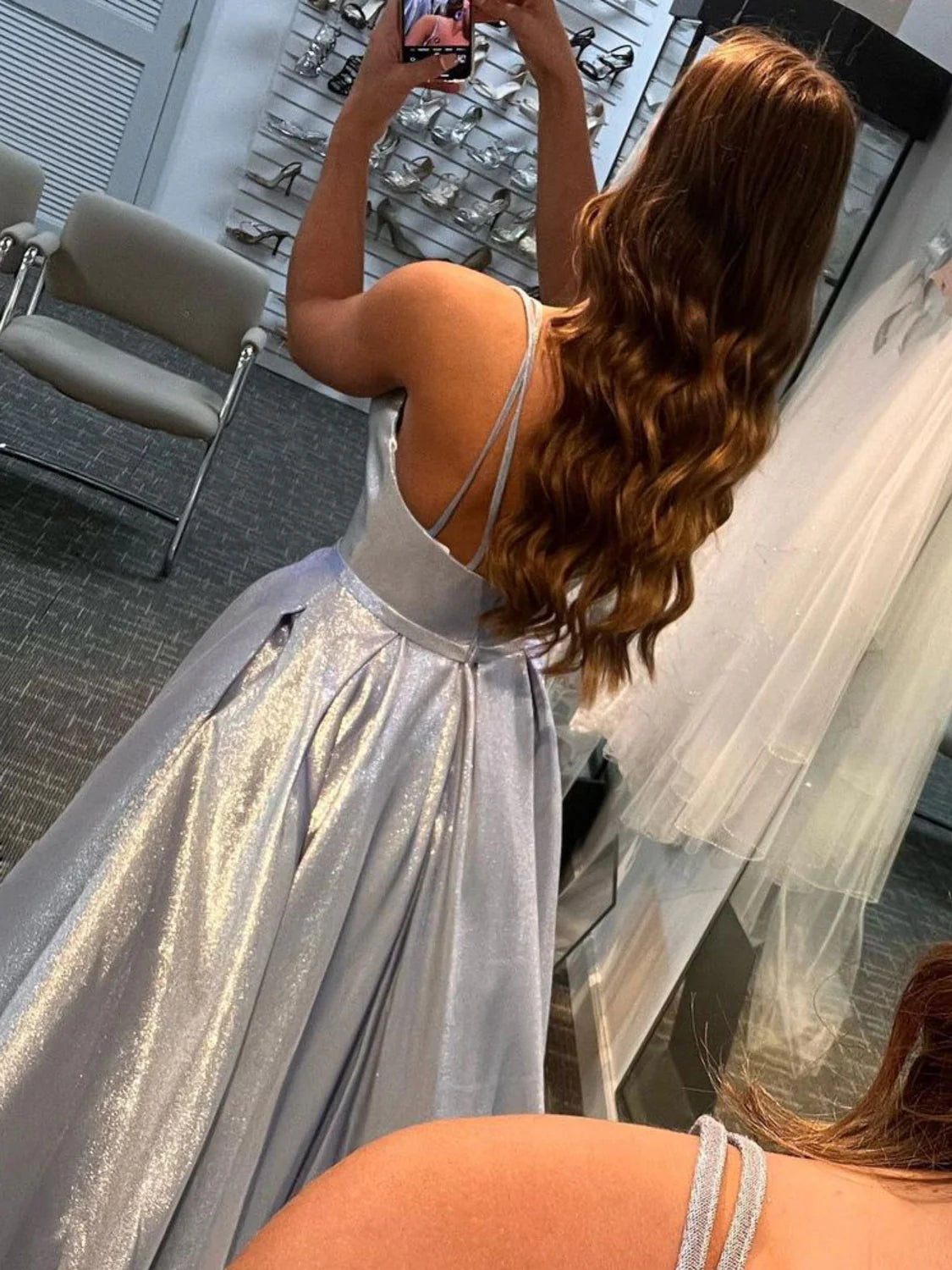 Amzcw Silver v neck satin long prom dress silver long evening dress formal wear dresses
