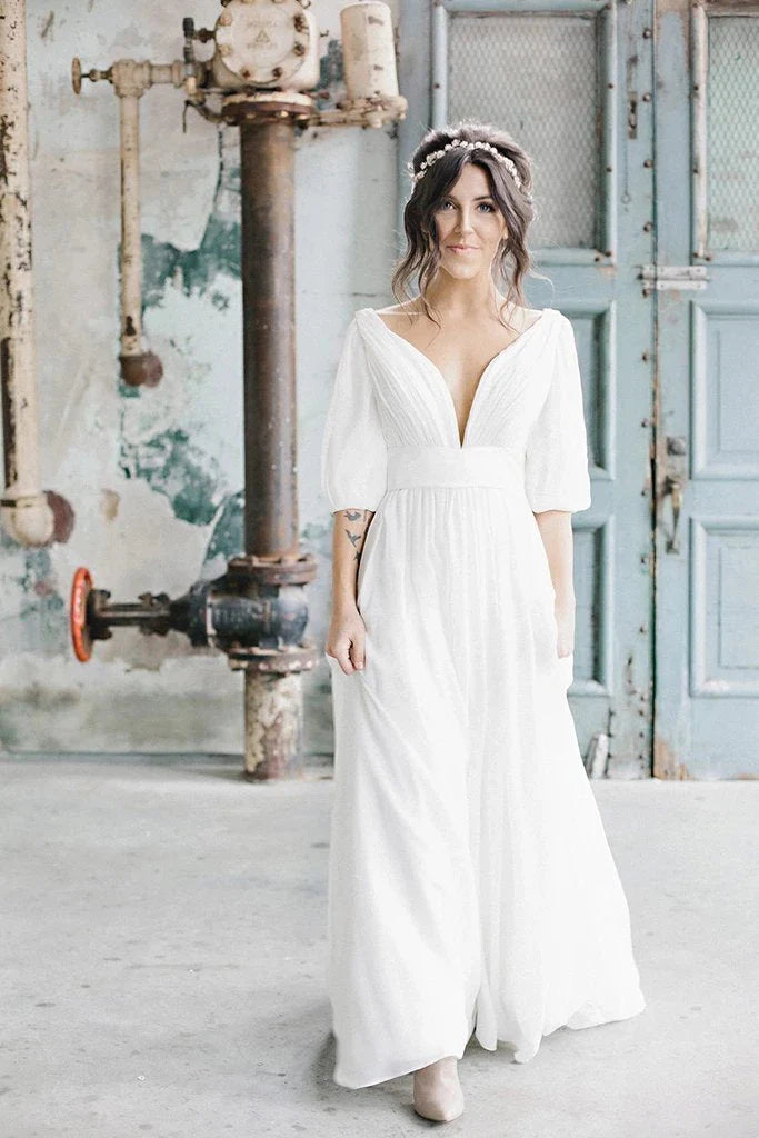Vestidos de novia de gasa color marfil con escote en V y corte A, vestidos de novia largos de media manga