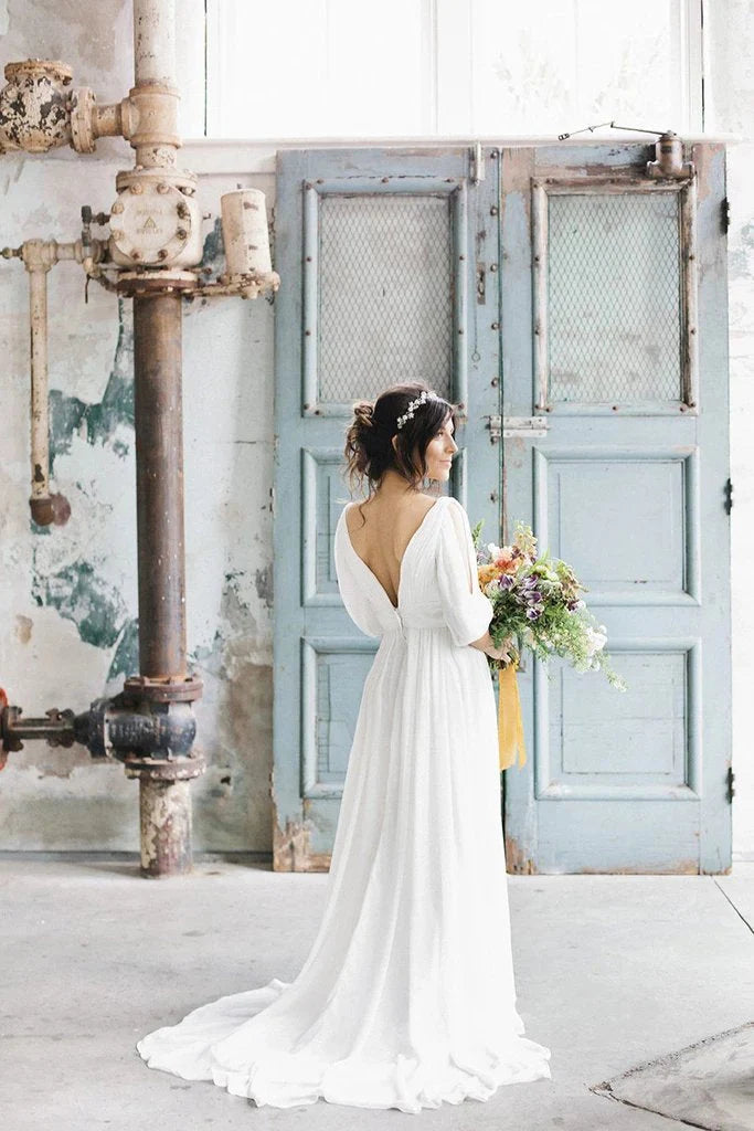 Vestidos de novia de gasa color marfil con escote en V y corte A, vestidos de novia largos de media manga