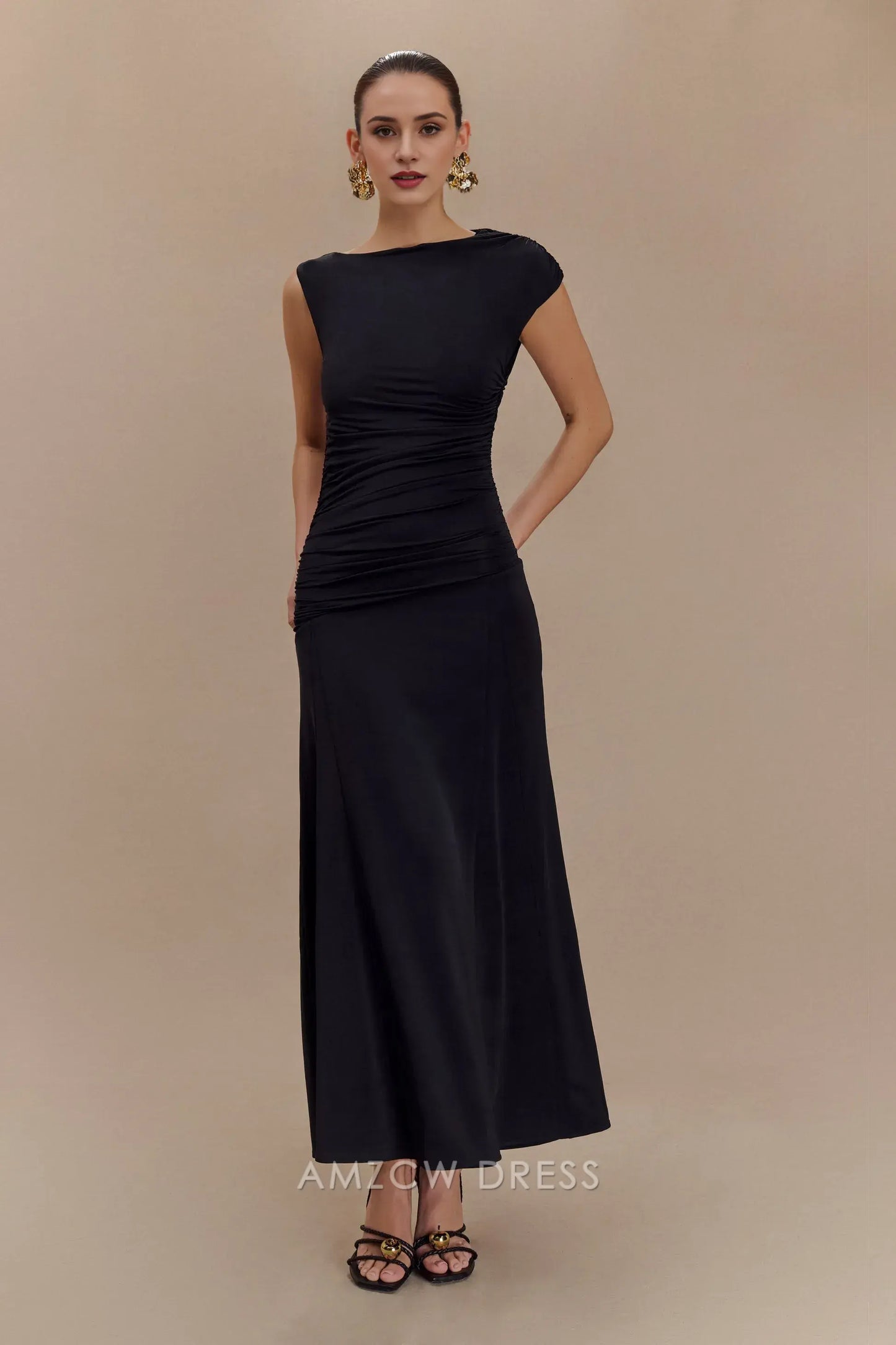 Simple A-Line Asymmetrical neckline sleeveless Midi-length skirt with flared hem prom dress