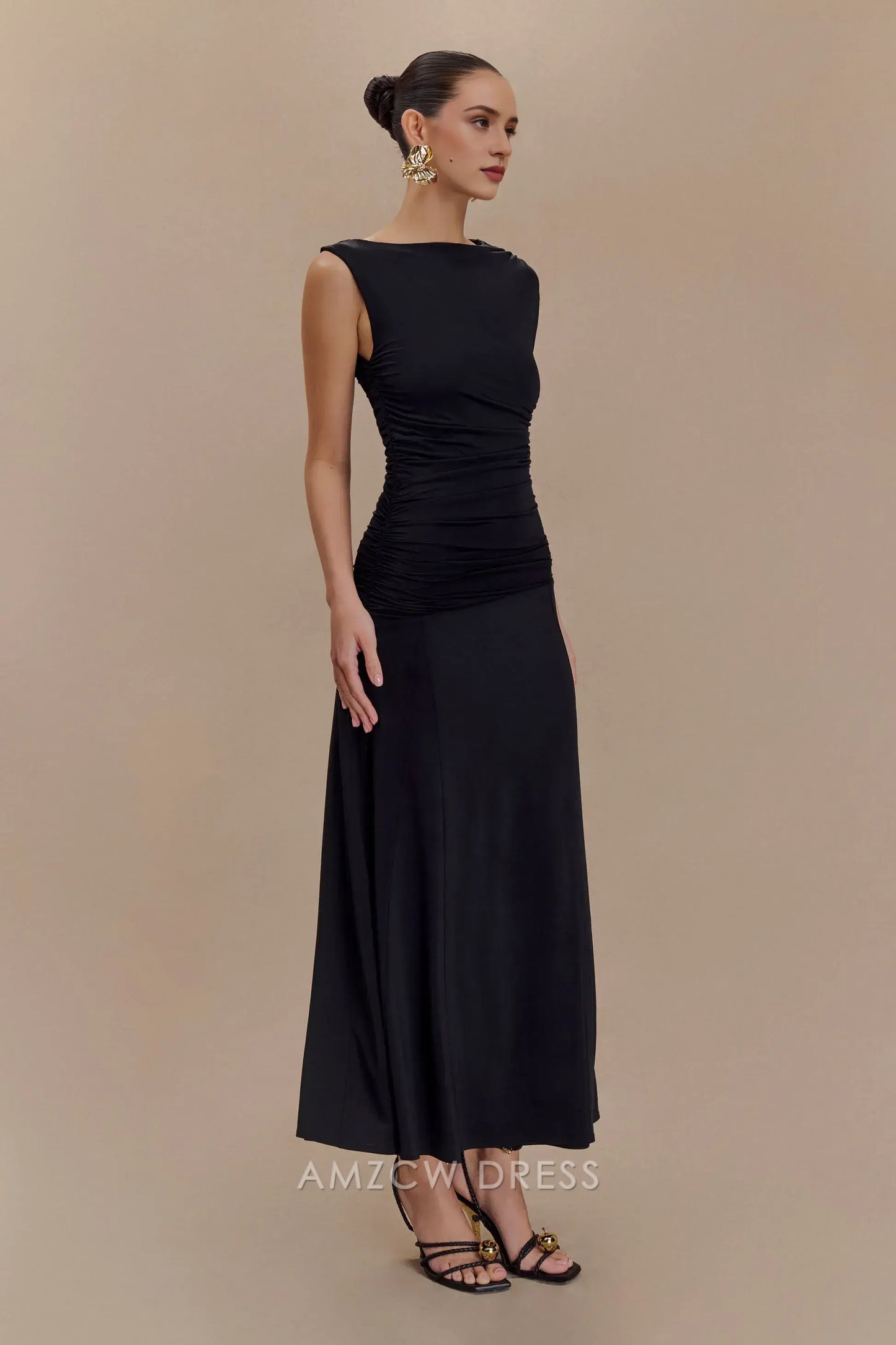 Simple A-Line Asymmetrical neckline sleeveless Midi-length skirt with flared hem prom dress
