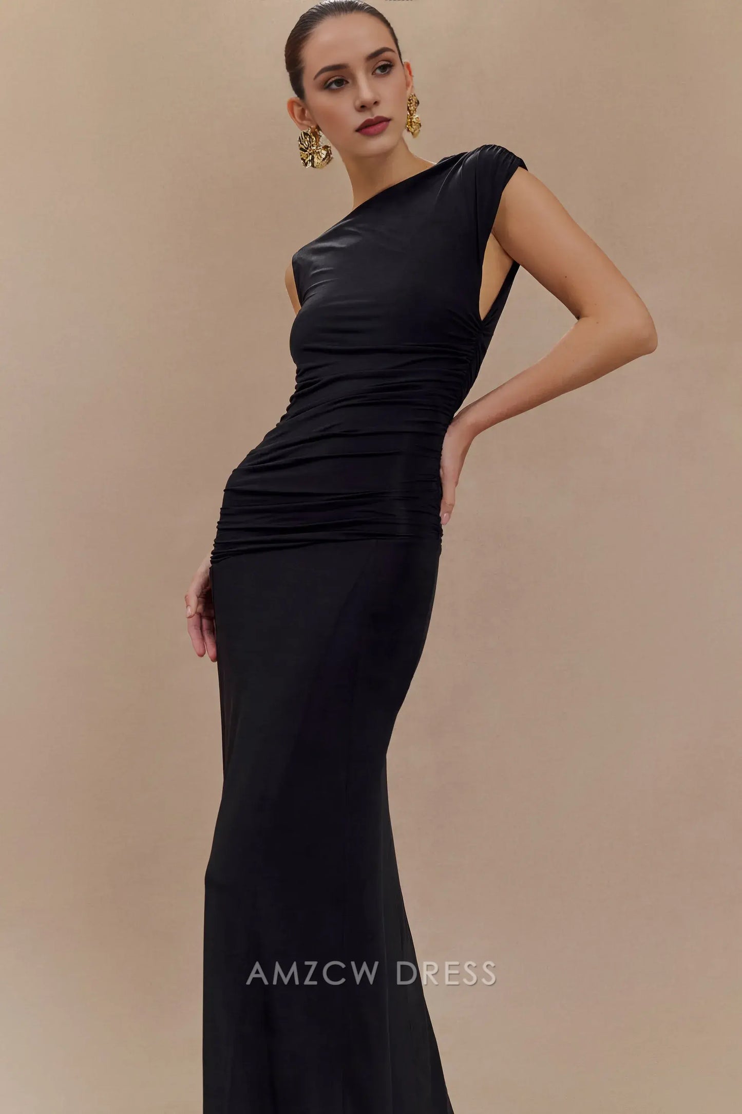 Simple A-Line Asymmetrical neckline sleeveless Midi-length skirt with flared hem prom dress