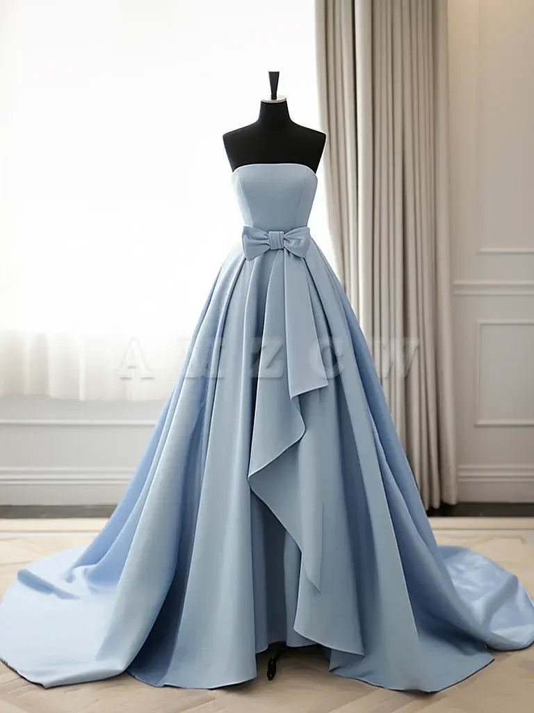 Amzcw Simple A-Line Satin Blue Long Prom Dress Blue Long Evening Dress prom dress in store