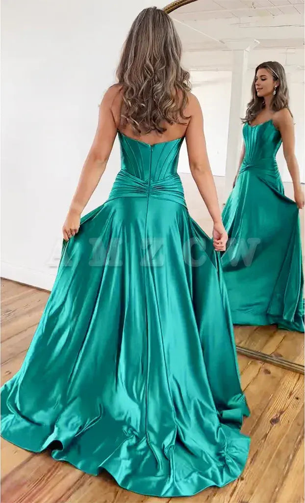 Amzcw Simple A-Line Satin Green Long Prom Dress Green Long Formal Dress prom dresses shops