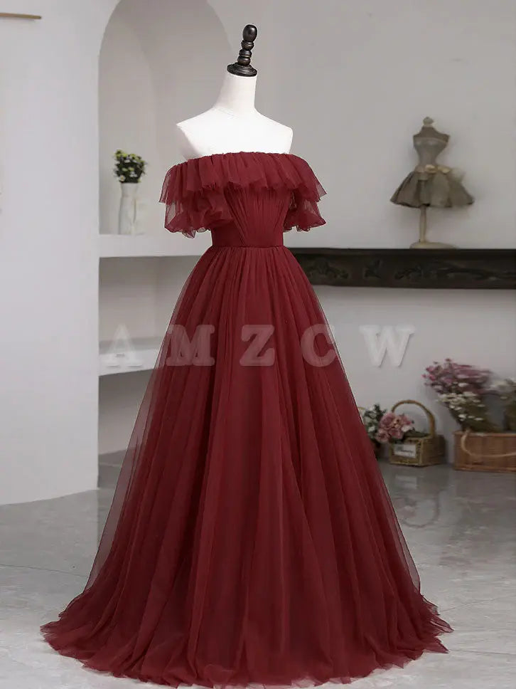 Vestido de fiesta largo Amzcw de tul burdeos, corte A, sencillo, vestido formal de tul burdeos, vestidos formales