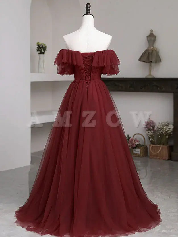 Vestido de fiesta largo Amzcw de tul burdeos, corte A, sencillo, vestido formal de tul burdeos, vestidos formales