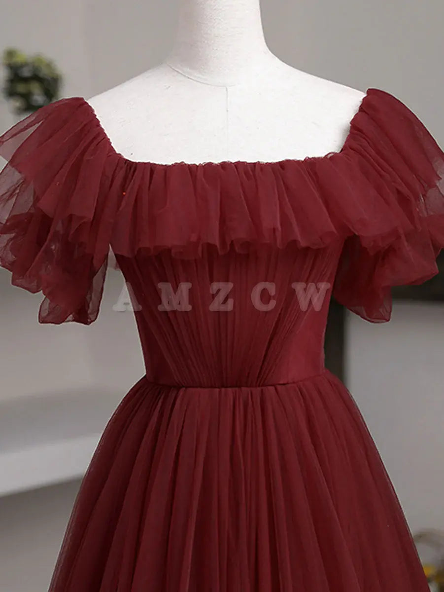 Vestido de fiesta largo Amzcw de tul burdeos, corte A, sencillo, vestido formal de tul burdeos, vestidos formales