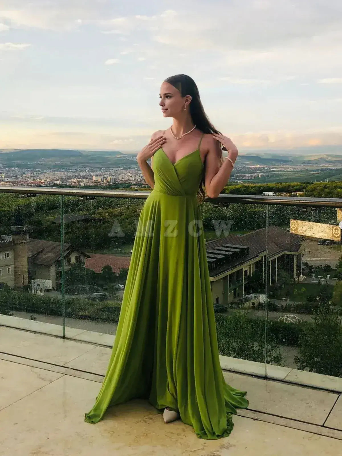 Vestido de fiesta largo de gasa verde sencillo Amzcw, corte A, vestido de noche verde, tiendas de vestidos de fiesta