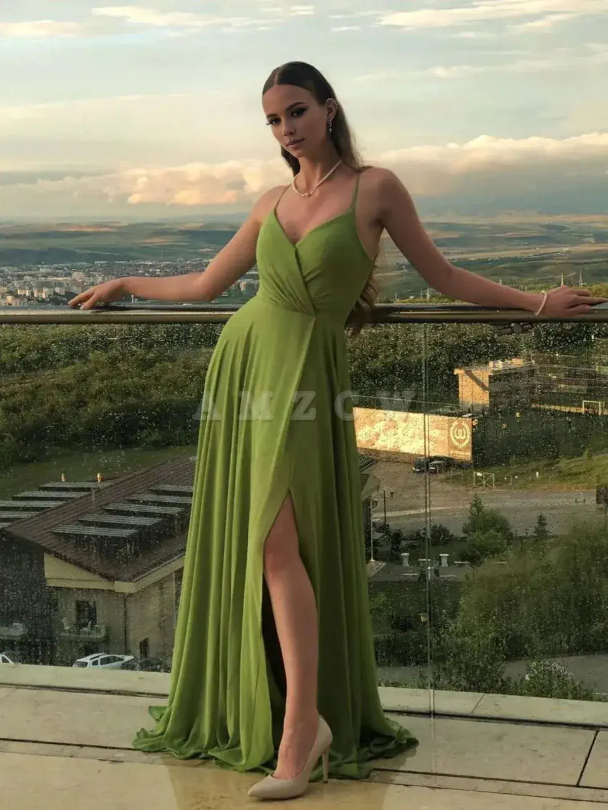 Vestido de fiesta largo de gasa verde sencillo Amzcw, corte A, vestido de noche verde, tiendas de vestidos de fiesta