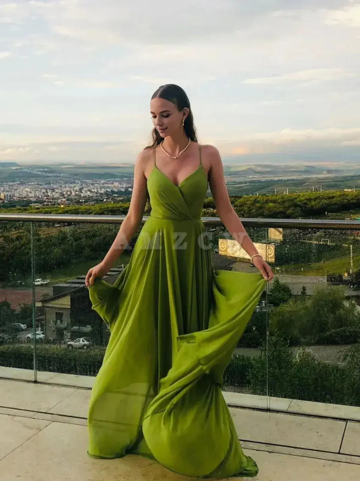 Vestido de fiesta largo de gasa verde sencillo Amzcw, corte A, vestido de noche verde, tiendas de vestidos de fiesta
