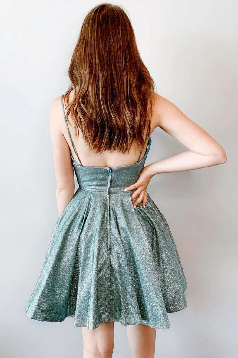 Amzcw Simple Green v neck short prom dress green cocktail dress