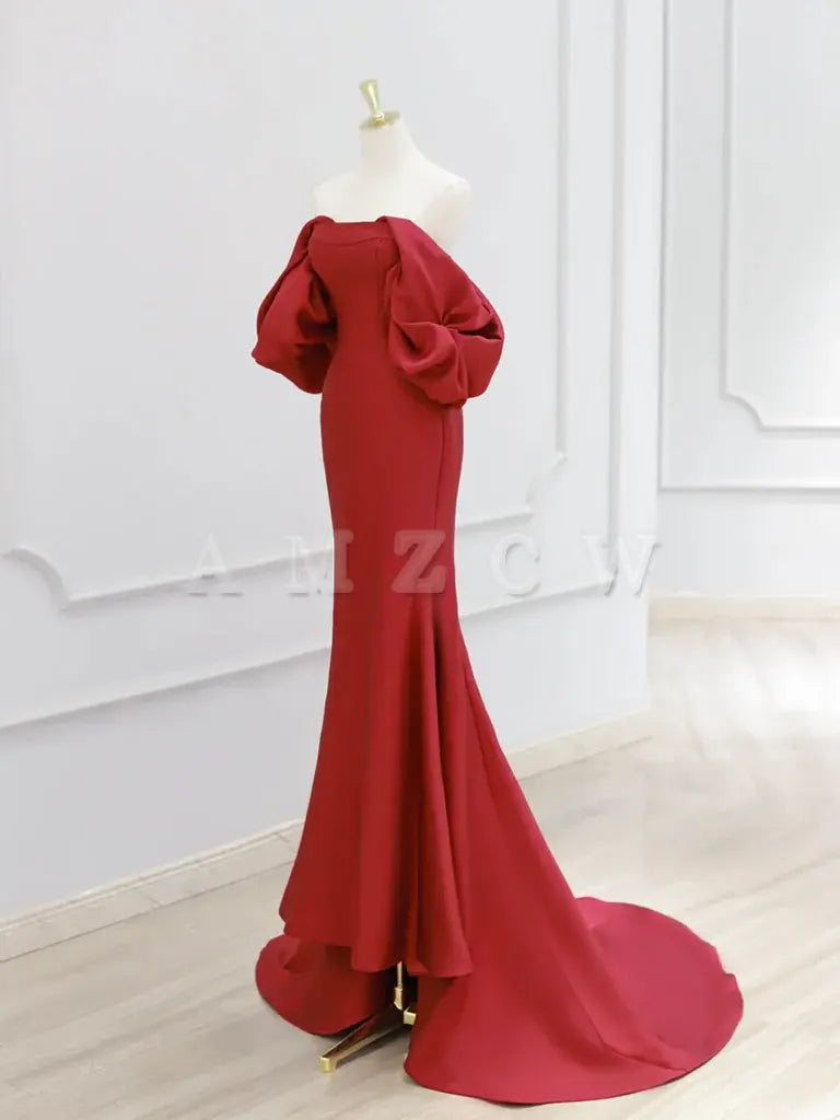 Amzcw Simple Off Shoulder Satin Dark Red Mermaid Long Prom Dress prom dresses shops