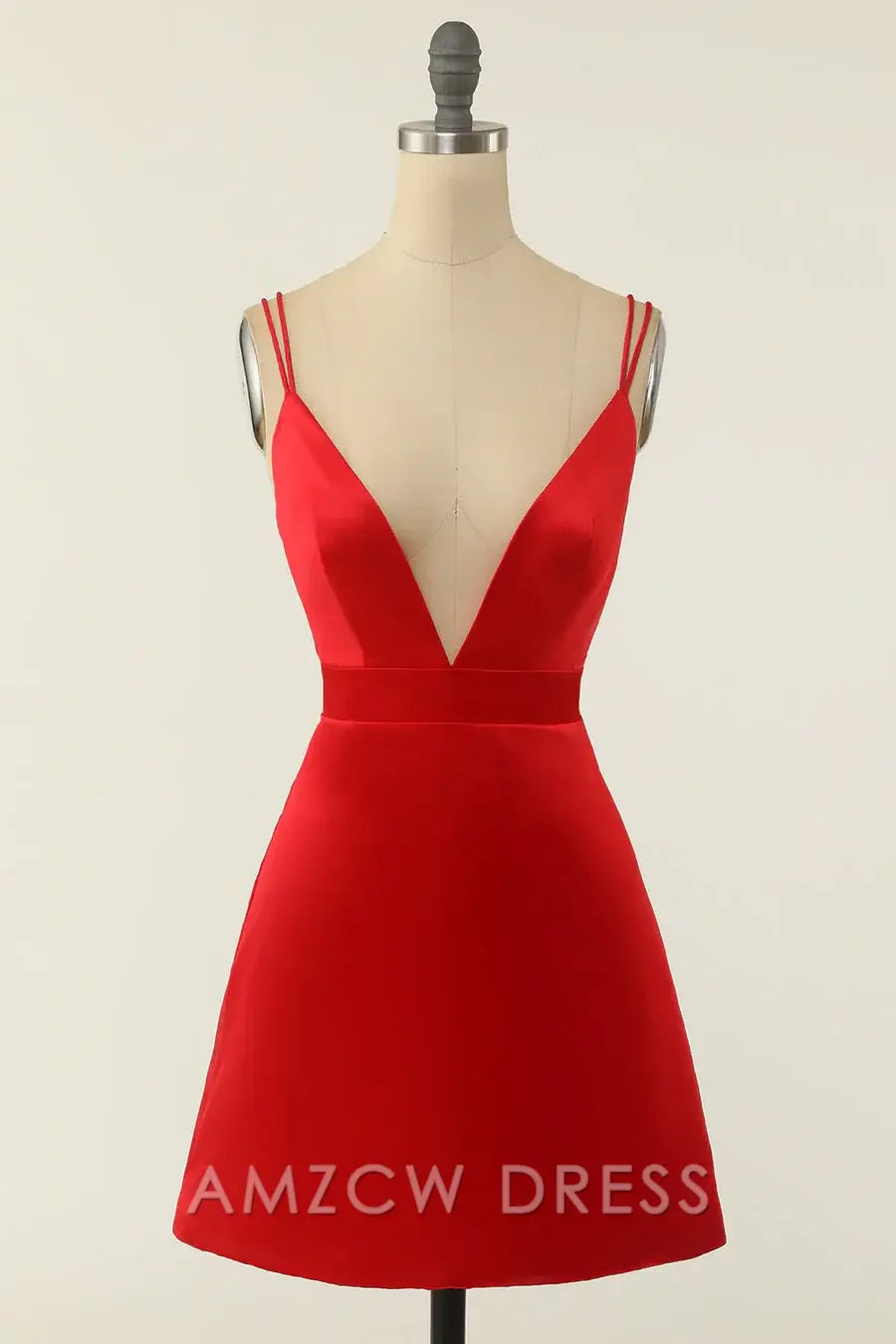 Amzcw Elegant Simple Satin A-Line Empire Low V-Neck Homecoming Dress formal wear dresses