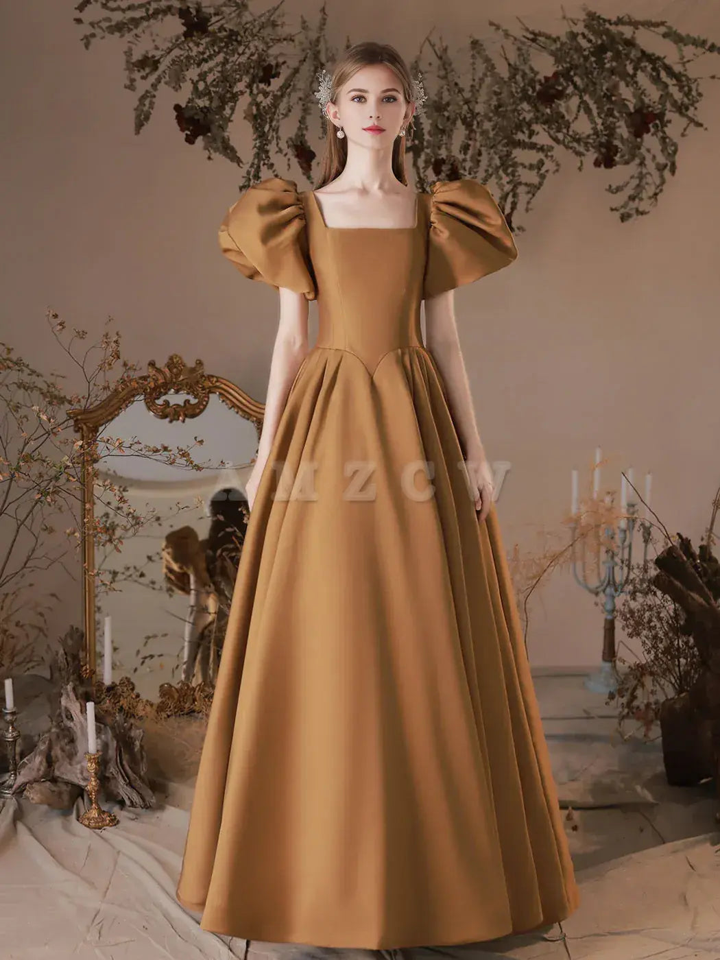 Amzcw Simple Square Neckline Satin Long Prom Dress Satin Formal Evening Dress prom dress in store