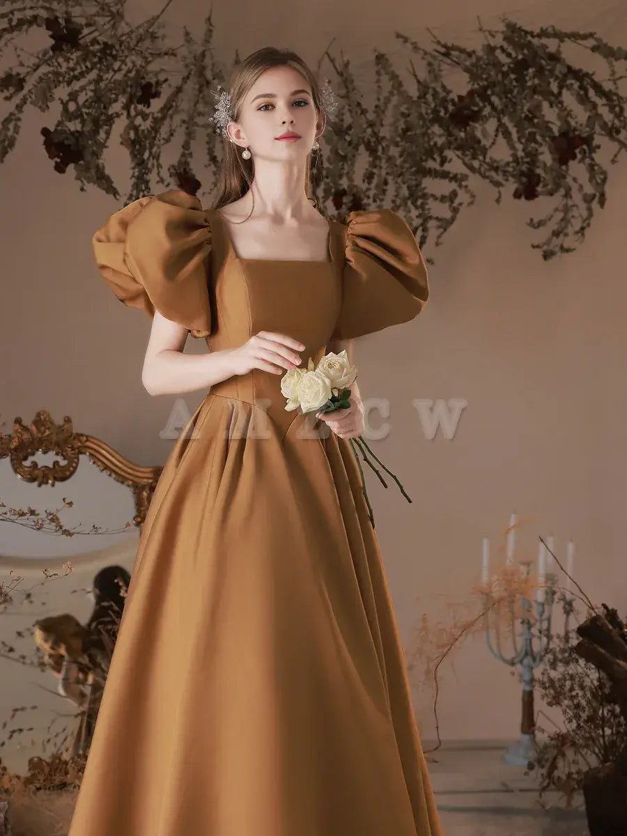 Amzcw Simple Square Neckline Satin Long Prom Dress Satin Formal Evening Dress prom dress in store